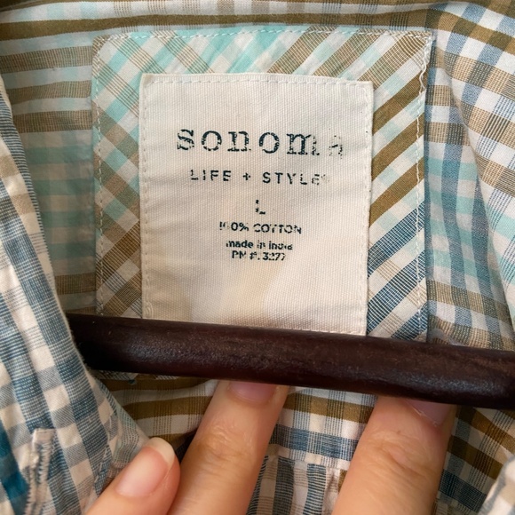 SONOMA 100% Cotton Women Button Up Collared Shirt Gingham Tan Blue White Size L - Picture 2 of 6